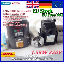EU 1.5KW ER11 Water Cooled Spindle Motor&VFD CNC Kit&80mm Clamp&Pump&13x Collet